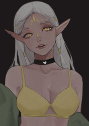  bad_id bad_pixiv_id bare_shoulders black_background bra breasts choker cithis cleavage dark-skinned_female dark_elf dark_skin dungeon_meshi elf eyelashes eyeshadow facial_mark female forehead_mark grey_hair hair_tubes head_tilt heart lips long_hair looking_at_viewer makeup notched_ear off_shoulder open_clothes parted_lips pointy_ears red_lips round_teeth simple_background solo sunakienn teeth underwear upper_body yellow_bra yellow_eyes 