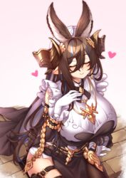  animal_ears asymmetrical_hair breasts brown_hair closed_eyes detached_sleeves elomil extra_ears female frilled_sleeves frills galleon_(granblue_fantasy) gloves granblue_fantasy hair_between_eyes horns huge_breasts korean_commentary long_hair pointy_ears solo veil very_long_hair white_gloves 