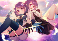  2girls :d absurdres backlighting bare_shoulders black_choker black_gloves black_skirt blue_gloves blue_thighhighs blush breasts chinese_commentary choker closed_mouth commentary_request feathers frills girl_cafe_gun gloves hair_ornament hasu_(velicia) highres index_finger_raised lens_flare long_sleeves looking_at_viewer medium_breasts mixed-language_commentary multiple_girls open_mouth outdoors outstretched_arm purple_hair red_eyes shi_wuxia shi_wuyou short_hair shorts siblings single_thighhigh sisters skirt smile star_(symbol) star_hair_ornament sunlight thighhighs water white_shorts 