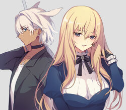  1boy blonde_hair blue_eyes breasts caenis_(fate) commentary_request dark-skinned_female dark_skin dress fate/grand_order fate_(series) female formal frills genderswap_(ftm) genderswap_(mtf) hair_intakes hand_in_own_hair kirschtaria_wodime large_breasts long_hair recursive_genderswap rule_63 suit vivi_(eve_no_hakoniwa) 