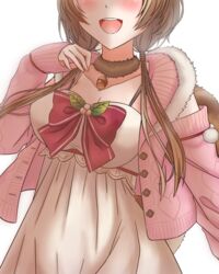  absurdres acorn ayunda_risu ayunda_risu_(1st_costume) bow breasts brown_hair cardigan cleavage collar collarbone commentary_request dress female head_out_of_frame highres hololive hololive_indonesia large_breasts leaf open_mouth pink_cardigan red_bow rynn_(darknescorez) sleeves_past_wrists smile solo squirrel_girl squirrel_tail tail upper_body virtual_youtuber white_dress 