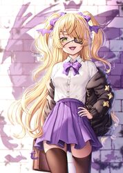  bird bow bowtie crow eyepatch female fischl_(genshin_impact) genshin_impact green_eyes hair_over_one_eye highres lipstick makeup oz_(genshin_impact) pattikou pleated_skirt purple_bow purple_bowtie purple_lips purple_nails school_uniform skirt solo thighhighs two_side_up 