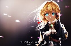  absurdres ascot backlighting blonde_hair blue_eyes brooch copyright_name crying crying_with_eyes_open female hair_intakes hair_ribbon highres jewelry jin_grey_paladin looking_at_viewer md5_mismatch mechanical_hands petals prosthesis prosthetic_hand red_ribbon ribbon solo tears violet_evergarden violet_evergarden_(series) 