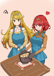  2girls absurdres alternate_costume aotsuba apron blonde_hair bob_cut breasts highres large_breasts long_hair multiple_girls mythra_(xenoblade) pyra_(xenoblade) red_eyes red_hair short_hair xenoblade_chronicles_(series) xenoblade_chronicles_2 