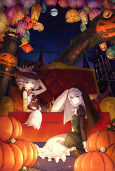  2girls absurdres asymmetrical_gloves black_footwear black_gloves blue_eyes boots bronya_zaychik bronya_zaychik_(snowy_sniper) candle candy couch drill_hair earrings elbow_gloves food food_in_mouth full_body full_moon ghost gloves grey_eyes grey_hair hair_between_eyes halloween halloween_costume hat highres homu_(honkai_impact) honkai_(series) honkai_impact_3rd jewelry lantern lollipop long_sleeves looking_at_viewer mismatched_gloves moon multiple_girls night night_sky nun orange_gloves orange_legwear pillow pumpkin seiza side_ponytail sitting sky sleeveless smile theresa_apocalypse theresa_apocalypse_(valkyrie_pledge) tongue tongue_out twin_drills white_hair witch_hat xing_muhen 