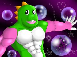  5_fingers abs anthro barazoku bubble bubble_bobble digital_media_(artwork) dinosaur extinct fafnir_stardust_(artist) fingers green_body hi_res male muscular muscular_male pink_arms pose prehistoric_species reptile scalie smile solo square_enix taito 