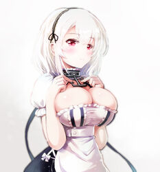  anchor_choker apron azur_lane blush breasts cleavage dress female frills gradient_background hair_between_eyes large_breasts looking_at_viewer maid maid_apron maid_headdress nitchi puffy_sleeves red_eyes short_hair short_sleeves sirius_(azur_lane) solo white_dress white_hair 