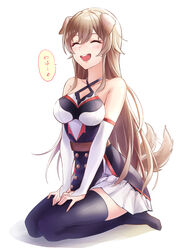  1mikuro ^_^ absurdres animal_ears black_thighhighs blush breasts closed_eyes collarbone criss-cross_halter dog_ears dog_girl dog_tail female furen_e_lustario furen_e_lustario_(1st_costume) halterneck hands_on_own_thighs highres kemonomimi_mode medium_breasts nijisanji open_mouth smile solo speech_bubble tail thighhighs virtual_youtuber white_background 