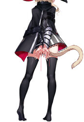  am1m arknights arms_behind_back black_cloak black_dress black_thighhighs blonde_hair cat_tail cloak dress female from_behind haze_(arknights) head_out_of_frame highres long_hair long_legs long_sleeves no_shoes short_dress simple_background solo standing striped_clothes striped_dress tail thighhighs white_background 