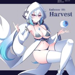  absurdres azur_lane bare_shoulders black_bra black_choker black_panties blue_hair bra breasts character_name choker cleavage crossed_legs detached_sleeves enforcer_iii_harvest_(azur_lane) female gradient_hair hair_between_eyes hands_up hebitsukai-san highres hood large_breasts long_hair low_twintails multicolored_hair navel panties purple_eyes revealing_clothes siren_(azur_lane) solo stomach thighhighs thighs twintails twitter_username underwear white_hair white_sleeves white_thighhighs wide_sleeves 