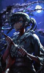  absurdres black_hair blood blood_on_face blood_on_knife blood_on_weapon blue_eyes commission disembodied_hand fate/grand_order fate_(series) female flower full_moon hair_flower hair_ornament hair_over_one_eye highres holding holding_knife jin_grey_paladin jing_ke_(fate) knife moon murder night orchid out-of-frame_censoring ponytail solo weapon 