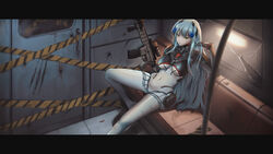  armored_bodysuit assault_rifle black_bodysuit black_border blunt_bangs bodysuit border breasts commentary covered_navel cross_hair_ornament female girls&#039;_frontline green_eyes grey_hair gun h&amp;k_hk416 hair_ornament highres hip_gear hk416_(girls&#039;_frontline) hk416_(midnight_evangelion)_(girls&#039;_frontline) indoors large_breasts letterboxed long_hair magazine_(weapon) multicolored_bodysuit multicolored_clothes official_alternate_costume persocon93 rifle scope shell_casing sitting solo teardrop_facial_mark teardrop_tattoo weapon white_bodysuit 