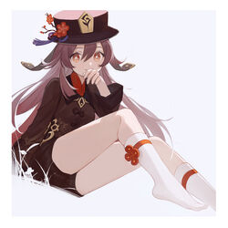  border bright_pupils brown_coat brown_hair brown_hat brown_shorts coat commentary_request covered_mouth female flower flower-shaped_pupils genshin_impact grey_background hair_between_eyes hand_on_own_face hand_up hat hat_flower hat_tassel highres hu_tao_(genshin_impact) long_hair long_sleeves looking_at_viewer no_shoes orange_eyes pen_liangshui_po_ya_po shorts simple_background sitting smile socks solo symbol-shaped_pupils thighs twintails white_border white_pupils white_socks 