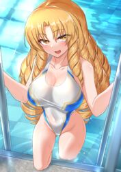  bare_shoulders blonde_hair blush breasts brown_eyes cleavage collarbone commentary_request covered_navel coyomin drill_hair fate/kaleid_liner_prisma_illya fate_(series) female highleg highleg_swimsuit highres large_breasts long_hair looking_at_viewer luviagelita_edelfelt one-piece_swimsuit open_mouth parted_bangs pool poolside quad_drills smile solo swimsuit thighs very_long_hair wet white_one-piece_swimsuit 