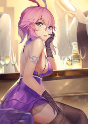  absurdres alcohol animal_ears armlet bad_id bad_pixiv_id bar_(place) bare_arms bottle breasts brown_gloves brown_legwear chinese_commentary commentary cup dress drinking_glass female from_side gloves hair_between_eyes hand_on_own_cheek hand_on_own_face hand_on_own_thigh hand_up highres honkai_(series) honkai_impact_3rd jack_daniel&#039;s jliaan long_hair looking_at_viewer looking_to_the_side medium_breasts out_of_frame parted_lips pink_hair ponytail purple_dress purple_eyes sideboob sleeveless sleeveless_dress solo_focus thighhighs whiskey yae_sakura yae_sakura_(flame_sakitama) 