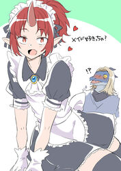  !? 2boys apron arm_support blonde_hair blush character_request crossdressing fujinami_(fjnm000) furry furry_male gloves heart horns ishuzoku_reviewers lizardman looking_at_viewer maid maid_apron maid_headdress male_focus male_maid multiple_boys nose_blush oerba_yun_fang ogre open_mouth otoko_no_ko pointy_ears ponytail red_eyes red_hair short_hair short_sleeves sidelocks single_horn skin_fang solo_focus thighhighs translation_request white_gloves yellow_eyes 