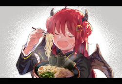  :d black_capelet black_dress blush bowl brown_wings capelet chopsticks closed_eyes commentary_request crescent crescent_hair_ornament demon_girl demon_horns demon_wings dress female food frilled_capelet frills hair_between_eyes hair_ornament highres holding holding_bowl holding_chopsticks horns lamb_(hitsujiniku) letterboxed long_hair long_sleeves nijisanji noodles open_mouth ramen red_hair smile solo steam two_side_up upper_body virtual_youtuber wings yuzuki_roa yuzuki_roa_(1st_costume) 