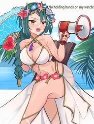  angry bare_legs beach bikini braid braided_ponytail breasts cleavage crossed_legs english_text female fire_emblem fire_emblem_heroes flower green_hair hair_flower hair_ornament hand_fan head_wreath hibiscus highres large_breasts megaphone official_alternate_costume outdoors sarong see-through serafineart1001 single_braid solo swimsuit tassel thorr_(fire_emblem) thorr_(summer)_(fire_emblem) white_bikini yellow_eyes 