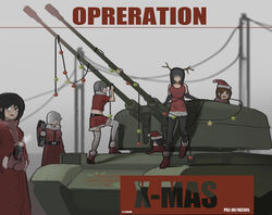  545mm 6+girls anti-aircraft_gun black_hair breasts brown_hair christmas christmas_lights english_commentary english_text hat highres military military_vehicle motor_vehicle multiple_girls original people&#039;s_liberation_army pgz-80 scarf short_hair skirt smile tank white_hair 