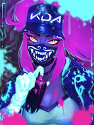  akali baseball_cap breasts choker cleavage eyeliner eyeshadow female gloves hat highres hood hood_down jacket jin_grey_paladin k/da_(league_of_legends) k/da_akali league_of_legends long_hair makeup mask md5_mismatch medium_breasts mouth_mask official_alternate_costume paint_splatter pink_hair ponytail portrait print_mask raver sidelocks solo spray_paint ultraviolet_light white_gloves yellow_eyes 