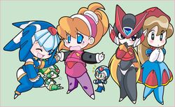  3boys 3girls android angry bad_id bad_pixiv_id black_eyes black_gloves blank_speech_bubble blonde_hair blue_eyes bodysuit boots brown_hair ciel_(mega_man) closed_mouth covering_own_mouth crying fairy_leviathan_(mega_man) gloves green_background green_eyes hat headgear helmet highres holding_hands iris_(mega_man) mega_man_(series) mega_man_x_(series) mega_man_zero_(series) multiple_boys multiple_girls one_eye_closed open_mouth own_hands_clasped own_hands_together pantyhose robot robot_girl sage_harpuia_(mega_man) sitting skirt smile speech_bubble standing thigh_boots thighhighs user_zhcx4787 white_gloves x_(mega_man) zero(z)_(mega_man) zero_(mega_man) 