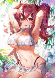  apple_caramel armpits arms_up artist_name azur_lane bare_shoulders barefoot blurry blurry_foreground bottle bow breasts bremerton_(azur_lane) bremerton_(scorching-hot_training)_(azur_lane) chain-link_fence cleavage collarbone collared_shirt commentary covered_nipples crop_top crop_top_overhang day depth_of_field female fence hair_between_eyes hair_intakes hair_lift hair_ornament hairclip highleg highres large_breasts long_hair looking_at_viewer midriff miniskirt multicolored_hair navel no_bra no_mole official_alternate_costume open_clothes open_skirt panties photoshop_(medium) pink_hair plant pleated_skirt racket red_eyes red_hair shirt signature sitting skirt sleeveless sleeveless_shirt smile solo sportswear stomach sunlight tennis_racket tennis_uniform thighs tongue tongue_out twintails two-tone_hair underboob undersized_clothes underwear water water_bottle wet wet_clothes wet_panties wet_shirt white_shirt white_skirt x_hair_ornament 