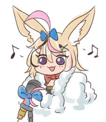  :3 :d ahoge animal_ears blonde_hair blue_bow bow bowtie chibi english_commentary facial_mark female fox_ears hair_ornament hairbow hairclip hololive looking_at_viewer microphone multicolored_hair musical_note omaru_polka open_mouth pink_hair purple_eyes red_bow red_bowtie simple_background smile solo streaked_hair upper_body virtual_youtuber white_background wool_(miwol) x_hair_ornament 