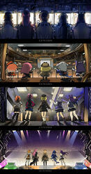  5girls absurdres chair chibi coffee_mug commentary computer concert cup dress english_commentary fins fish_tail from_behind gaming_chair gawr_gura gawr_gura_(1st_costume) glowstick hat highres hololive hololive_english holomyth jacket long_hair microphone_stand monitor mori_calliope mori_calliope_(1st_costume) mug multiple_girls ninomae_ina&#039;nis ninomae_ina&#039;nis_(1st_costume) ponytail shark_tail skirt smol_ame smol_gura smol_ina smol_kiara stage stage_lights swivel_chair tail takanashi_kiara takanashi_kiara_(1st_costume) time_lapse truss virtual_youtuber vyragami watson_amelia watson_amelia_(1st_costume) 