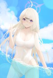  absurdres ahoge blonde_hair blue_archive blush braid breasts cleavage cloud cloudy_sky female hair_between_eyes halo highres kaba_(hama) kotama_(blue_archive) long_hair looking_at_viewer no_eyewear one-piece_swimsuit outdoors partially_submerged purple_eyes single_braid sky small_breasts smile solo swimsuit w white_one-piece_swimsuit 