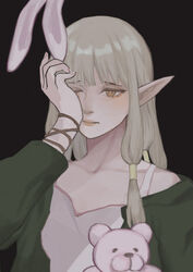  bad_id bad_pixiv_id black_background blonde_hair dungeon_meshi elf female fingernails green_jacket grey_hair hair_tubes hand_up jacket lips long_hair long_sleeves looking_afar low-tied_long_hair low-tied_sidelocks milsiril_(dungeon_meshi) off_shoulder one_eye_closed pointy_ears red_lips rubbing_eyes simple_background solo stuffed_animal stuffed_rabbit stuffed_toy sunakienn teddy_bear upper_body yellow_eyes 