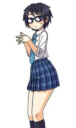  black_eyes black_hair blue-framed_eyewear blush closed_mouth female fingers_together glasses maruput necktie original plaid plaid_skirt pleated_skirt school_uniform short_hair skirt solo steepled_fingers sweatdrop white_background 