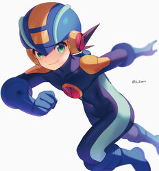  1boy blue_bodysuit blue_helmet bodysuit brown_hair clenched_hand closed_mouth covered_collarbone covered_navel green_eyes helmet highres looking_at_viewer male_focus mega_man_(series) mega_man_battle_network_(series) megaman.exe netnavi outstretched_arm short_hair simple_background smile solo spiked_hair twitter_username white_background zero-go 