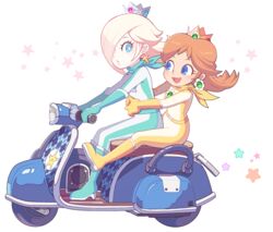  2girls aqua_scarf bad_id bad_twitter_id biker_daisy biker_rosalina blonde_hair blue_eyes bodysuit boots brown_hair city_tripper crown driving earrings elbow_gloves flower_earrings gloves hair_over_one_eye hoshikuzu_pan hug hug_from_behind jewelry knee_boots mario_(series) mario_kart mario_kart_8 motor_vehicle multiple_girls on_scooter orange_scarf princess_daisy racing_suit rosalina scarf scooter star_(symbol) star_earrings 