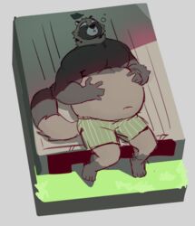  2023 anthro belly big_belly boxers_(clothing) canid canine closed_eyes clothed clothing cyanroll green_clothing green_underwear humanoid_hands kemono leaf lying male mammal navel on_back overweight overweight_male raccoon_dog sleeping solo tanuki underwear underwear_only 