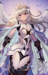  armor black_leotard breasts bubble cape cleavage corrin_(female)_(fire_emblem) corrin_(female)_(silent_bloodline)_(fire_emblem) corrin_(fire_emblem) cowboy_shot crown doiparuni english_commentary female fire_emblem fire_emblem_fates fire_emblem_heroes frills gloves grey_hair hair_between_eyes hair_ornament highres jewelry lace_thighhighs large_breasts leotard long_hair looking_at_viewer official_alternate_costume pointy_ears red_eyes see-through shoulder_armor simple_background smile solo 