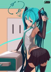  999_ducati absurdres android aqua_eyes aqua_hair aqua_necktie bad_anatomy bare_shoulders black_sleeves black_thighhighs commentary cowboy_shot detached_sleeves electric_plug electrical_outlet female furrowed_brow hair_ornament hatsune_miku highres long_hair mini_person minigirl miniskirt necktie shirt skirt sleeveless sleeveless_shirt solo squiggle thighhighs twintails twisted_torso usb very_long_hair vocaloid white_shirt zettai_ryouiki 