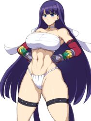  abs absurdres blue_eyes blunt_bangs breasts choker cleavage collarbone cross cross_choker elbow_gloves fate/grand_order fate_(series) female fundoshi gauntlets gloves hands_on_own_hips highres japanese_clothes ko_ban98 large_breasts long_hair looking_at_viewer martha_(fate) martha_(swimsuit_ruler)_(fate) martha_(swimsuit_ruler)_(third_ascension)_(fate) navel purple_hair red_gloves sarashi solo thigh_strap thighs 