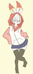  anthro anthrofied bandage bandage_on_face bandage_on_nose bangs bottomwear clothed clothing dipstick_ears ear_markings female female_anthro fur generation_8_pokemon hair hair_over_eyes hi_res hood hood_up hoodie kemono knock-kneed lagomorph legwear looking_at_viewer mammal mikeyama multicolored_ears nintendo on_one_leg oversized_clothing pokemon pokemon_(species) pokemorph red_ears scorbunny simple_background skirt solo standing stockings topwear translucent translucent_hair white_body white_fur white_hair 