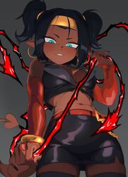  absurdres android_x-2_(poicapz) bare_shoulders black_hair blue_eyes breasts commission dark-skinned_female dark_skin dragon_ball earrings elbow_gloves energy female fingernails gloves headband highres hoop_earrings jewelry medium_breasts midriff miniskirt original pantyhose pointy_ears sharp_fingernails short_twintails skirt smug tail twintails zequung 