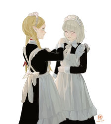  2girls absurdres adjusting_clothes alternate_costume apron back_bow black_dress blonde_hair blush bob_cut bow braid commentary_request cowboy_shot dated dress dressing_another dungeon_meshi elf enmaided falin_touden falin_touden_(tallman) green_eyes hair_behind_ear highres long_hair long_sleeves maid maid_apron maid_headdress marcille_donato multiple_girls neck_ribbon parted_lips pointy_ears profile ribbon short_hair simple_background smile standing sunakienn twin_braids twintails white_apron white_bow white_hair white_ribbon yellow_eyes 