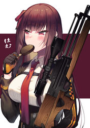  absurdres black_gloves blush breasts brown_hair bullpup checkered collared_shirt corset eating female food girls&#039;_frontline gloves gun hair_ribbon highres holding holding_food holding_gun holding_weapon ice_cream long_sleeves medium_breasts necktie one_side_up oyk_(signx) purple_eyes purple_ribbon red_necktie ribbon rifle shirt sniper_rifle solo straight_hair translation_request two-tone_background underbust upper_body v-shaped_eyebrows wa2000_(girls&#039;_frontline) walther walther_wa_2000 weapon white_shirt 