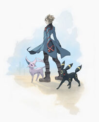  1boy absurdres blonde_hair blue_coat boots coat commentary espeon grey_footwear grey_pants highres holding holding_poke_ball kazuko_(towa) knee_pads long_sleeves looking_to_the_side male_focus pants poke_ball poke_ball_(basic) pokemon pokemon_(creature) pokemon_colosseum short_hair standing umbreon visor wes_(pokemon) 