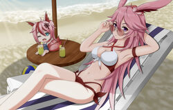  2girls :&lt; :d adjusting_eyewear animal_ears antenna_hair arm_behind_head armpits aviator_sunglasses beach beach_chair beach_umbrella bikini blue_eyes blue_one-piece_swimsuit breasts chibi cleavage closed_mouth crossed_legs cup drink drinking_straw food fox_ears fox_girl fox_tail fruit full_body hair_between_eyes hair_ornament highres higokumaru honkai_(series) honkai_impact_3rd lemon long_hair looking_at_viewer looking_over_eyewear multicolored_hair multiple_girls navel ocean oerba_yun_fang one-piece_swimsuit one_eye_closed open_mouth outdoors pink-tinted_eyewear pink_hair purple_eyes sand sitting smile streaked_hair sunglasses swimsuit table tail tinted_eyewear umbrella waves waving yae_sakura zero_(73ro) 