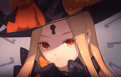  abigail_williams_(fate) black_bow black_hat blonde_hair bow fate/grand_order fate_(series) female hat hat_bow long_hair looking_at_viewer multiple_bows multiple_hat_bows orange_bow solo stuffed_animal stuffed_toy teddy_bear tenshin_kagehisa upper_body 