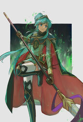  alternate_costume alternate_hairstyle aqua_eyes aqua_hair armor bracelet breastplate brown_gloves cape closed_mouth cosplay eirika_(fire_emblem) eirika_(pledged_restorer)_(fire_emblem) ephraim_(fire_emblem) ephraim_(fire_emblem)_(cosplay) female fire_emblem fire_emblem:_the_sacred_stones fire_emblem_heroes gloves helm helmet highres holding holding_weapon imageprogram_(kent) jewelry leg_up long_hair long_sleeves official_alternate_costume polearm ponytail sidelocks skirt smile solo spear thighhighs very_long_hair weapon 