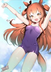  :d animal_ears armpits arms_up artist_name bare_arms black_ribbon blue_one-piece_swimsuit blue_sky blush breasts brown_eyes brown_hair cloud collarbone commentary competition_school_swimsuit covered_navel day english_commentary female hair_between_eyes heart highres horse_ears horse_girl horse_tail long_hair looking_at_viewer mayano_top_gun_(umamusume) one-piece_swimsuit open_mouth outdoors ribbon school_swimsuit sidelocks sky small_breasts smile solo swimsuit tail tail_through_clothes teriibol tracen_swimsuit two_side_up umamusume very_long_hair wet 