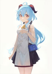  ahoge bag bell black_skirt blue_bag blue_hair china_dress chinese_clothes closed_mouth commentary_request cowboy_shot dress female ganyu_(genshin_impact) ganyu_(heytea)_(genshin_impact) genshin_impact hair_between_eyes handbag horns long_hair looking_at_viewer neck_bell official_alternate_costume pen_liangshui_po_ya_po pleated_skirt see-through see-through_sleeves simple_background skirt solo watch white_background white_dress wristwatch yellow_eyes 