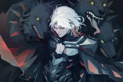  1boy :| armor black_armor black_cape body_armor breastplate canine cape cerberus cleavage_cutout closed_mouth clothing_cutout commentary_request expressionless fate/grand_order fate_(series) long_hair looking_at_viewer male_focus multicolored_hair odysseus_(fate) pauldrons pectorals red_hair sei_8220 shoulder_armor solo spikes streaked_hair two-tone_hair upper_body white_hair yellow_eyes 