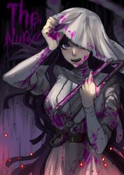  bad_id bad_twitter_id black_hair blood blood_on_clothes blood_on_face breasts character_name commentary_request cosplay cowboy_shot danganronpa_(series) danganronpa_2:_goodbye_despair doggye_(zginrwsn) female hacksaw hands_up highres holding holding_weapon knife korean_commentary large_breasts long_hair long_sleeves looking_at_viewer one_eye_covered open_mouth pink_blood purple_eyes purple_hair saw smile solo teeth the_nurse_(dead_by_daylight) the_nurse_(dead_by_daylight)_(cosplay) tsumiki_mikan upper_teeth_only very_long_hair weapon 