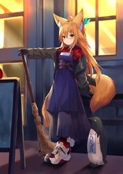  animal_ears apron bird black_gloves black_jacket black_skirt blonde_hair broom closed_mouth female fox_ears fox_girl fox_tail full_body gloves green_eyes hair_between_eyes jacket kokonoe_tsubaki long_hair long_skirt long_sleeves looking_at_viewer multiple_tails off_shoulder open_clothes open_jacket original outstretched_arm penguin pleated_skirt red_shirt red_socks shirt shoes skirt sneakers socks solo standing tail two_tails underbust white_footwear window yoshizawa_tsubaki 